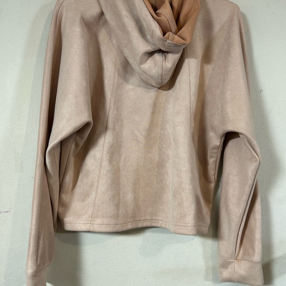 Magaschoni Hoodie Sweater Pastel Pink Solid Pullover Faux Suede Cropped Large - Picture 2 of 4